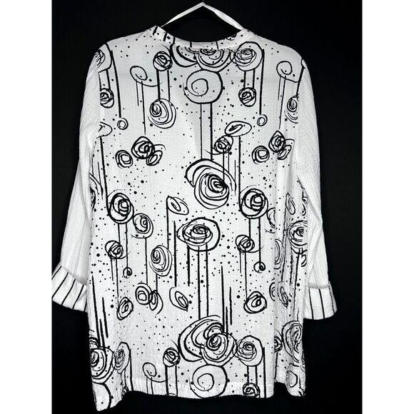 Ali Miles Women's Artsy Abstract Funky Art to Wear Crinkle White Spiral Tunic M - Picture 2 of 8